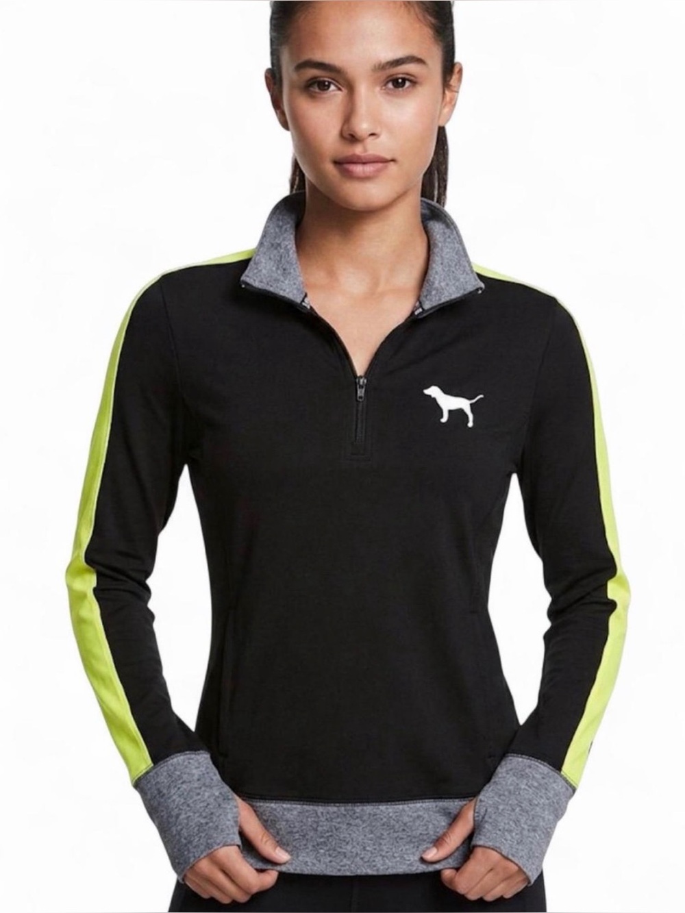 PINK Victoria's Secret Black Pullover with Neon Yellow Stripes